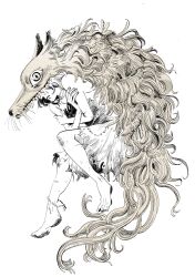  <o>_<o> 1girl animal_hood anklet artist_name bare_arms bare_shoulders barefoot beads commentary covered_eyes dress english_commentary fetal_position fingernails from_side frown full_body fur_(clothing) hat_over_eyes hatching_(texture) highres hood jewelry limited_palette lying monochrome on_side original pelt pointy_nose profile sharp_teeth signature simple_background skinny skulkingfoxes sleeveless slit_pupils solo spot_color teeth toes torn_clothes torn_dress traditional_media whiskers white_background white_dress white_hair wide-eyed wolf_hood wolf_pelt yellow_fur 