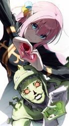  1girl absurdres black_dress blue_eyes bocchi_the_rock! breasts c-moon_(stand) commentary_request crossover dress enrico_pucci gotoh_hitori heart heart_hands highres jojo_no_kimyou_na_bouken looking_at_viewer medium_breasts pink_hair seisyuntarotto solo stand_(jojo) stone_ocean 