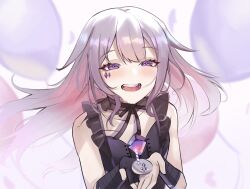  1girl absurdres balloon black_shirt blurry blurry_background candle fire gem gradient_hair grey_hair highres hololive hololive_english jewel_under_eye koseki_bijou koseki_bijou_(casual) long_hair multicolored_hair nurizza_ilst open_mouth pebble_(koseki_bijou) pink_hair purple_gem shirt solo teeth violet_eyes virtual_youtuber 