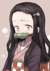  1girl bamboo bit_gag black_hair brown_hair commentary_request forehead gag gagged gazacy_(dai) hair_ribbon haori highres japanese_clothes kamado_nezuko kimetsu_no_yaiba kimono long_hair looking_at_viewer multicolored_hair pink_eyes pink_kimono pink_ribbon ribbon sash simple_background solo two-tone_hair upper_body 