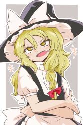  +++ 1girl apron black_hat black_skirt black_vest blonde_hair border bow braid braided_sidelock commentary crossed_arms frilled_apron frills grey_background hair_bow hat kirisame_marisa long_hair looking_at_viewer open_mouth outside_border puffy_short_sleeves puffy_sleeves red_bow shio_(futatsumami) shirt short_sleeves simple_background skirt solo teeth touhou upper_teeth_only vest white_apron white_border white_shirt witch_hat yellow_eyes 