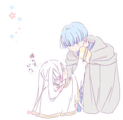  1boy 1girl capelet cloak commentary_request cropped_torso elf frieren grey_cloak height_difference highres himmel_(sousou_no_frieren) long_hair long_sleeves looking_at_another pointy_ears sachinyopo simple_background smile sousou_no_frieren translation_request twintails white_background white_capelet white_cloak white_hair 