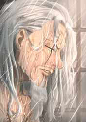  1boy beard commentary_request facial_hair highres long_hair looking_ahead male_focus musasabiop mustache_stubble one_piece parted_lips profile rain scar scar_across_eye scar_on_chest scar_on_face silvers_rayleigh solo stubble wet wet_hair white_hair window 