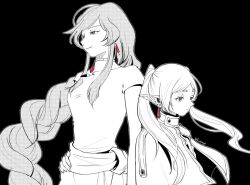  2girls choker closed_mouth commentary_request dress earrings elf flamme_(sousou_no_frieren) frieren greyscale jewelry long_braid long_hair monochrome multiple_girls necklace pointy_ears sousou_no_frieren tall_female teardrop_earrings teardrop_necklace toshuyu twintails white_dress 