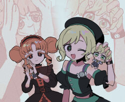  2girls ;d bare_shoulders black_dress black_eyes black_hairband black_hat black_shirt black_sleeves blonde_hair character_doll closed_mouth collarbone commentary_request detached_sleeves doll dress frilled_hairband frills green_pupils hairband hat highres himitsu_no_aipri holding holding_doll long_sleeves looking_at_viewer mitsuba_airi multiple_girls one_eye_closed open_mouth orange_hair orange_pupils parted_bangs pnt_0202 pretty_series shinomiya_rinrin shirt short_hair short_sleeves simple_background sleeveless sleeveless_shirt smile upper_body white_background zoom_layer 