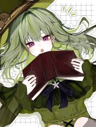  1girl :o absurdres ark_uxu black_ribbon book commentary dress drop_shadow dutch_angle flower green_dress green_hair green_hat grid_background hair_between_eyes hair_spread_out hands_up hat highres holding holding_book kusanagi_nene long_hair long_sleeves looking_at_viewer lying neck_flower neck_ribbon notice_lines official_alternate_costume on_back open_book open_mouth outline project_sekai ribbon sekijitsu_no_read-aloud_(project_sekai) sidelocks simple_background solo untranslatable_commentary upper_body violet_eyes white_flower white_outline witch_hat 