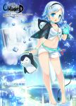  1girl blue_eyes blue_hair breasts cleavage hairband ice_cube jin_young-in looking_at_viewer navel open_mouth original short_hair solo stuffed_animal stuffed_penguin stuffed_toy unleashed 