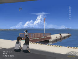  4girls 4me_4ma a5m aircraft airplane black_hair blue_one-piece_swimsuit blue_sailor_collar blue_skirt blue_sky brown_hair clouds commentary_request cumulonimbus_cloud dated day destroyer dock dress hatsuyuki_(kancolle) highres horizon i-401_(kancolle) kantai_collection kneehighs long_hair low_twintails medium_hair military_vehicle miyuki_(kancolle) multiple_girls ocean one-piece_swimsuit orange_sailor_collar outdoors painterly pleated_skirt ponytail sailor_collar scenery school_swimsuit school_uniform serafuku ship shirayuki_(kancolle) shirt short_hair short_sleeves short_twintails side-tie_shirt sitting skirt sky sleeveless sleeveless_dress socks swimsuit tan translation_request twintails warship water watercraft white_shirt 