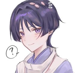  1boy ? blunt_ends choppy_bangs closed_mouth eyeliner genshin_impact hair_intakes japanese_clothes kariginu kimono light_blush looking_at_viewer makeup male_focus multicolored_hair notice_lines petal_on_head petals pink_petals portrait purple_hair purple_kimono purple_sleeves red_eyeliner s0bk8 scaramouche_(genshin_impact) scaramouche_(kabukimono)_(genshin_impact) smile solo spoken_question_mark streaked_hair string tsurime violet_eyes white_background 