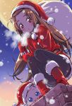  1girl ai-chan_(dokidoki!_precure) black_legwear blush brown_hair christmas dokidoki!_precure female gloves hat highres isedaichi_ken long_hair madoka_aguri moon pantyhose precure red_eyes sack santa_costume santa_hat snow solo squatting 