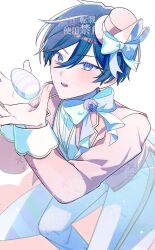  1boy absurdres blue_eyes blue_hair bow commentary easter_egg egg ensemble_stars! hair_between_eyes hat hidaka_hokuto highres jacket lapels looking_at_viewer male_focus mini_hat mini_top_hat notched_lapels olen_0710 open_clothes open_jacket open_mouth pants pink_hair pink_jacket short_hair simple_background solo top_hat untranslatable_commentary white_background white_bow white_pants 