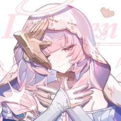  1girl ambience_synesthesia arknights bridal_gauntlets character_name chinese_commentary closed_mouth commentary_request crossed_arms disembodied_hand gold_collar halo hands_up highres jewelry lemuen_(arknights) lemuen_(requiem_vesperis)_(arknights) ling414353 long_hair looking_at_viewer official_alternate_costume one_eye_closed pink_eyes pink_hair ring smile solo traditional_halo upper_body veil white_veil 