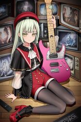  1girl 7-string_guitar absurdres arknights ascot bang_dream! bang_dream!_it's_mygo!!!!! beret black_capelet black_pantyhose black_socks capelet chinese_commentary closed_mouth commentary_request controller crt earrings extended_range_guitar green_hair guitar hat highres instrument jewelry long_hair looking_at_viewer mary_janes mortis_(bang_dream!) mortis_(costume)_(bang_dream!) pantyhose pantyhose_under_shorts plectrum red_hat red_shorts remote_control schecter_guitar sex_toy shirt shoes shorts sitting socks solo togawa_mizuho togawa_sakiko togawa_sakiko_(master_of_melodia) wakaba_mutsumi white_ascot white_shirt yahata_umiri yahata_umiri_(lupo) zhengqi_zhizi_sg 