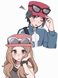  1boy 1girl black-framed_eyewear blue_jacket blush bracelet brown_hair calem_(pokemon) collared_shirt commentary eyelashes eyewear_on_headwear grey_eyes hand_up hat highres jacket jewelry kuru_(4rfw7) long_hair long_sleeves one_eye_closed open_mouth pink_hat pokemon pokemon_x_and_y raised_inner_eyebrows serena_(pokemon) shirt squiggle strap sunglasses turtleneck turtleneck_jacket untranslatable_commentary white-framed_eyewear white_background 