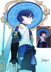  1boy arm_at_side armor belt black_belt black_bodysuit black_bow black_shorts blue_hair blue_hat blue_jingasa blue_rope blue_sash blue_sleeves blunt_ends bodysuit bow bridal_gauntlets closed_mouth cnorkie expressionless eyeliner from_below from_side furisode game_screenshot_inset genshin_impact gold gold_ring grey_bridal_gauntlets grey_eyes hat highres japanese_armor japanese_clothes jingasa kimono kote kurokote layered_sleeves looking_to_the_side makeup male_focus mandala middle_ring multicolored_hair open_hand profile purple_hair purple_rope red_eyeliner reference_inset rope sash scaramouche_(genshin_impact) screenshot_inset short_sleeves shorts signature solo streaked_hair tassel tsurime turtleneck turtleneck_bodysuit wanderer_(genshin_impact) white_sleeves 