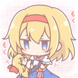  1girl alice_margatroid blonde_hair blue_dress blue_eyes blush_stickers bow capelet chibi commentary_request doll dress hair_between_eyes hair_bow hairband highres holding holding_doll long_hair mitarashi_neko profile red_bow red_hairband shanghai_doll solo touhou translation_request very_long_hair white_capelet 