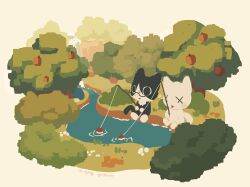  2others :< absurdres animal_ears apple apple_tree artist_name black_eyes black_fur bush cat_boy cat_ears cat_tail closed_mouth commentary fishing fishing_rod food fruit furry glasses grass highres holding holding_fishing_rod multiple_others nature ndfrskr other_focus outdoors river sitting tail tongue tongue_out tree two-tone_fur water webfishing white_fur x_x 