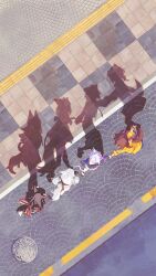  4girls absurdres animal_ears black_hair brown_hair cat_ears cat_girl cat_tail commentary_request concrete crosswalk day dog_ears dog_tail doggystyle fox_ears fox_girl fox_tail from_above highres hololive hyde_(tabakko) inugami_korone inugami_korone_(1st_costume) manhole_cover multiple_girls nekomata_okayu nekomata_okayu_(1st_costume) ookami_mio ookami_mio_(1st_costume) outdoors perspective purple_hair shadow shirakami_fubuki shirakami_fubuki_(1st_costume) tail urban walking white_hair wolf_ears wolf_girl wolf_tail 