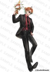  1boy absurdres ahoge akuma_shitsuji_to_kuroi_neko alternate_costume aqua_eyes black_jacket black_necktie black_pants black_shoes black_suit bouquet calla_lily closed_mouth collared_shirt colored_tips commentary_request copyright_notice curtained_hair dress_shoes flower full_body green_hair hair_between_eyes hand_on_own_hip hand_up highres holding holding_bouquet hollyhock jacket lapels long_sleeves looking_at_viewer male_focus mizutame_tori multicolored_hair necktie official_art one_side_up orange_flower orange_hair pants red_shirt round_eyewear sample_watermark shawl_lapels shirt shoes short_hair sideways_glance simple_background smile solo standing suit suit_jacket suit_pants sunglasses suspenders teddy_brown tie_clip tuxedo_shirt two-tone_hair watermark white_background white_flower yellow_flower 
