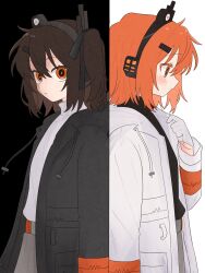  2girls a.i._voice adachi_rei alternate_hair_color black_jacket brown_hair commentary_request dark_persona dual_persona from_side gloves hand_up highres jacket komori_kamome long_sleeves looking_at_viewer medium_hair multiple_girls one_side_up open_clothes open_jacket orange_eyes orange_hair upper_body utau white_gloves white_hair 