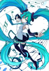  1girl aqua_eyes aqua_hair aqua_nails aqua_necktie bare_shoulders black_boots black_skirt boots detached_sleeves from_behind full_body hatsune_miku highres long_hair looking_back masadaora miniskirt nail_polish necktie number_tattoo pleated_skirt sheet_music shirt shoulder_tattoo skirt sleeveless sleeveless_shirt solo tattoo thigh_boots twintails very_long_hair vocaloid white_shirt 
