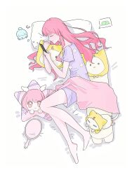  2girls ^_^ absurdres animal bare_arms bare_legs brown_hair cat cat-shaped_pillow cellphone character_doll chinese_commentary closed_eyes clothed_animal commentary_request doll dress floral_print from_side full_body guangui38414 hair_over_eyes hair_spread_out hand_mirror head_only highres holding holding_phone holding_pillow implied_yuri infinity_nikki long_hair lying mirror momo_(nikki) multiple_girls musical_note nightgown nikki_(nikki) nikki_(series) on_bed on_side on_stomach parted_lips phone pillow pink_hair pointy_nose print_dress purple_dress short_dress short_sleeves smartphone smile solo_focus star_(symbol) stuffed_animal stuffed_cat stuffed_toy stylist_(nikki) text_messaging very_long_hair whimstar_(infinity_nikki) white_background white_cat 