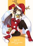  1girl ;p alternate_costume antlers armpits bell black_legwear boots brown_hair detached_sleeves double_bun green_eyes hao_(patinnko) hat highres kantai_collection kongou_(kantai_collection) long_hair looking_at_viewer one_eye_closed santa_hat sitting solo thigh-highs tongue tongue_out zettai_ryouiki 