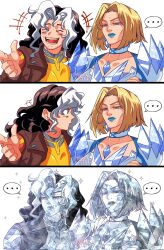  2girls blonde_hair blue_eyes blue_lips blue_nails bodysuit breasts colored_bangs commentary diamond-shaped_earrings diamond_(gemstone) diamond_earrings diamond_skin earrings emma_frost green_bodysuit highres jacket jewelry laughing leather leather_jacket lipstick long_hair looking_at_viewer makeup marvel marvel_rivals meme multicolored_bodysuit multicolored_hair multiple_girls rogue_(x-men) superhero_costume tomatostyles17 two-tone_bodysuit two-tone_hair unamused_friend_comic_(meme) untranslatable_commentary x-men yellow_bodysuit 