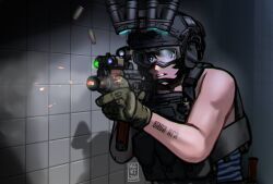 1girl aiming ak-74 artist_name assault_rifle black_hair blue_eyes bulletproof_vest chest_rig earphones firing goggles gun helmet highres holding holding_weapon kalashnikov_rifle mardjan muscular night_vision open_mouth original rifle solo weapon 