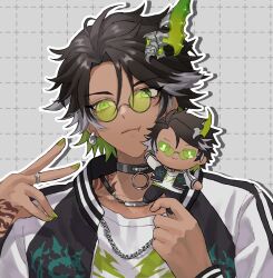  1boy :t aragami_oga aragami_oga_(7th_costume) black_choker black_hair black_jacket chain chain_necklace character_doll choker commentary dark-skinned_male dark_skin doll dotted_line drop_shadow earrings green-tinted_eyewear green_eyes green_hair green_horns green_nails grey_background grey_hair grid_background hand_tattoo highres holding holding_doll holostars horns jacket jewelry letterman_jacket male_focus mioto_(tsubsq_m) multicolored_hair nail_polish necklace o-ring o-ring_choker official_alternate_costume official_alternate_hairstyle outline portrait ring round_eyewear shirt shoulder_tattoo single_horn solo sunglasses tattoo tinted_eyewear untranslatable_commentary virtual_youtuber white_outline white_shirt 