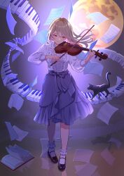  1girl absurdres black_cat black_shoes blonde_hair blouse blue_skirt book bow_(music) cat commentary_request full_moon highres holding holding_bow_(music) holding_instrument holding_violin instrument moon music nap_on_a_cloud open_book original pink_eyes playing_instrument reflective_floor revision sheet_music shirt shoes skirt socks solo violin white_socks 