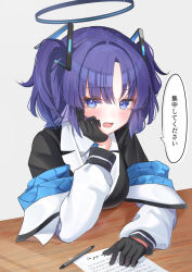  1girl absurdres black_gloves black_halo blue_archive blush breasts collared_shirt commentary_request desk elbow_rest gloves halo hand_on_own_cheek hand_on_own_face head_rest highres jacket jacket_partially_removed long_hair long_sleeves mechanical_halo necktie open_mouth ozakinggg paper pen purple_hair shirt short_twintails simple_background sitting solo speech_bubble twintails two-sided_fabric two-sided_jacket violet_eyes white_background white_shirt yuuka_(blue_archive) 