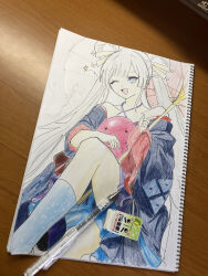  1girl absurdres art_tools_in_frame blue_eyes blue_kimono blue_socks cho_kaguya-hime! colored_pencil_(medium) commentary_request hair_rings highres japanese_clothes kimono looking_at_viewer off_shoulder one-piece_swimsuit open_mouth rara_(pixiv_123681336) red_umbrella runami_yachiyo socks solo swimsuit traditional_media twintails umbrella white_hair 