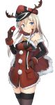  1girl absurdres adapted_costume bismarck_(kantai_collection) black_legwear blonde_hair blue_eyes blush breasts capelet cowboy_shot detached_sleeves fur_trim hand_on_hip highres kantai_collection long_hair metindone santa_costume simple_background smile solo thigh-highs white_background zettai_ryouiki 