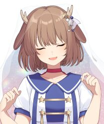  1girl antlers beads brown_hair choker closed_eyes commentary_request glitter hair_beads hair_ornament highres hiruver horns indie_utaite kano_(utaite) open_mouth red_choker sailor_collar short_hair short_sleeves simple_background smile solo star_(symbol) star_hair_ornament star_ornament upper_body utaite veil 