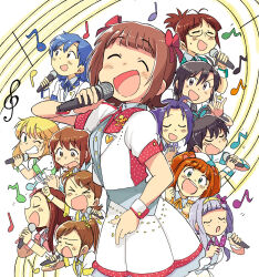  >_< 6+girls :d ^_^ ahoge akizuki_ritsuko amami_haruka antenna_hair bow brown_eyes brown_hair closed_eyes commentary_request eighth_note fang futami_ami futami_mami ganaha_hibiki glasses green_eyes grin hagiwara_yukiho hair_bow highres holding holding_microphone hoshii_miki idolmaster idolmaster_(classic) idolmaster_shiny_festa jacket kikuchi_makoto kisaragi_chihaya long_hair microphone minase_iori miura_azusa multiple_girls multiple_hair_bows musical_note musical_staff official_alternate_costume one_eye_closed open_mouth quarter_note red_bow shijou_takane short_hair short_sleeves signing skirt smile standing symphony_no._765_(idolmaster) takatsuki_yayoi tsubobot white_jacket white_skirt 
