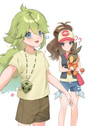  ! 1boy 1girl :d ? ?? absurdres aged_down black_vest blue_eyes brown_hair brown_shorts citan_(reci_tan) closed_mouth commentary exposed_pocket green_hair hair_between_eyes highres hilda_(pokemon) holding holding_pokemon knees long_hair n_(pokemon) open_clothes open_mouth open_vest pokemon pokemon_(creature) pokemon_black_and_white shirt short_sleeves shorts sidelocks smile sparkle t-shirt tepig vest white_background wristband 