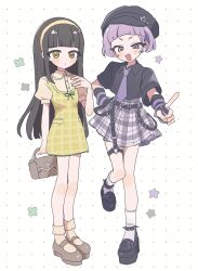  2girls :d arm_warmers bag belt black_belt black_hair black_hat black_shirt black_shoes blunt_bangs blush bobby_socks brown_shoes collared_shirt commentary_request dot_nose fang frilled_shirt_collar frills full_body grey_skirt hairband handbag hat hat_ornament highres himitsu_no_aipri holding holding_bag long_hair looking_at_viewer mamiya_chii multiple_girls necktie open_mouth outstretched_arm parted_lips plaid_clothes plaid_skirt pleated_skirt pnt_0202 polka_dot polka_dot_background pretty_series purple_hair purple_necktie shirt shoes short_hair short_sleeves simple_background skirt smile socks standing standing_on_one_leg star_(symbol) star_hat_ornament striped_arm_warmers suzukaze_tsumugi white_background white_socks yellow_eyes yellow_hairband yellow_shirt yellow_socks 