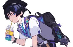  1boy backpack bag bent_over beret black_bag black_hair black_hat black_shorts blue_eyes blue_gem blue_necktie blue_trim blunt_ends chain choppy_bangs collared_shirt commentary contemporary cup disposable_cup drinking drinking_straw emblem eyelashes eyeliner feathers gem genshin_impact gold grey_sweater_vest hand_up hat heart highres holding holding_cup looking_at_viewer makeup male_focus necktie official_alternate_costume pom_pom_(clothes) purple_trim rainyu_01 red_eyeliner scaramouche_(cat)_(genshin_impact) scaramouche_(genshin_impact) school_uniform shirt short_sleeves shorts sketch solo stuffed_animal stuffed_toy sweater_vest undershirt vision_(genshin_impact) wanderer_(genshin_impact) wanderer_(mega_mgc_coffee)_(genshin_impact) white_background white_shirt white_sleeves white_trim wristband yellow_feathers 