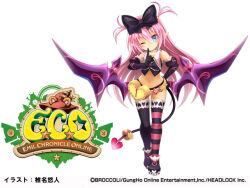  1girl armor artist_name asymmetrical_legwear bag bare_shoulders black_bow black_gloves black_shirt black_shoes black_shorts black_tail black_thighhighs blue_eyes bow collar company_name copyright_logo copyright_notice elbow_gloves emil_chronicle_online finger_to_mouth gloves hair_bow hand_on_own_hip heart heart_tail lilim_(eco) logo long_hair mismatched_legwear navel official_art one_eye_closed pink_hair pink_thighhighs pointy_ears purple_wings shiina_yuuto shirt shoes shorts shoulder_armor shushing sleeveless sleeveless_shirt solo striped_clothes striped_thighhighs tail thigh-highs two_side_up waist_bag white_background white_collar wings yellow_bag 