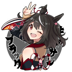  1girl ahoge akane_(akane112234) animal_ears black_hair blush breasts chanchanko_(clothes) commentary cropped_torso detached_sleeves hair_between_eyes highres horse_ears horse_girl kitasan_black_(gilded_shrine_to_glory)_(umamusume) kitasan_black_(umamusume) kouhaku_nawa looking_at_viewer multicolored_hair one_eye_closed open_mouth red_eyes rope shimenawa short_hair smile solo streaked_hair teeth umamusume untranslatable_commentary upper_teeth_only w white_streaks 