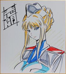  1girl blonde_hair blue_eyes border braid breasts choppy_bangs close-up crown_braid disembodied_torso facing_to_the_side gloria_louise gold_border hat jacket jinrouki_winvurga large_breasts light_smile long_sidelocks looking_at_viewer marker_(medium) military_hat military_uniform multicolored_jacket sidelocks signature simple_background traditional_media tsunashima_shirou 