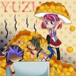  1girl blue_eyes chibi food fruit highres hiiragi_yuzu multicolored_hair multiple_boys orange pink_hair sakaki_yuuya school_uniform yuto_(yuu-gi-ou_arc-v) yuu-gi-ou yuu-gi-ou_arc-v 