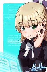  1girl absurdres black_jacket black_ribbon blonde_hair blue_background blunt_bangs blush border bow bowtie closed_mouth commentary_request green_eyes hair_behind_ear hair_between_eyes hair_ribbon half_updo hand_up heaven_burns_red highres holographic_interface jacket long_sleeves looking_at_viewer medium_hair military_jacket mok_kan nanase_nanami_(heaven_burns_red) outside_border ribbon signature simple_background smile solo split_mouth straight_hair upper_body white_border white_bow white_bowtie 