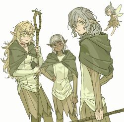  1girl 2boys bags_under_eyes blonde_hair choker cloak dark-skinned_male dark_skin dungeon_meshi elf fairy_(dungeon_meshi) gorget green_cloak green_eyes green_shirt grey_hair highres holding holding_staff hood hooded_cloak long_hair long_sleeves looking_at_viewer marcille_donato medium_hair mithrun mon_g_11 multiple_boys notched_ear pointy_ears shirt simple_background staff thistle_(dungeon_meshi) tunic violet_eyes white_background 