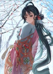  1girl arm_out_of_sleeve arms_behind_back black_hair blue_eyes blue_sky closed_mouth coat commentary day english_commentary facial_mark flower forehead_mark from_side hand_on_own_wrist highres long_hair looking_at_viewer lufi_ays male_focus mole mole_above_eye paper_heron pink_coat red_flower reverse:1999 shirt sky smile snow tree turning_head upper_body very_long_hair white_shirt 