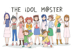  6+girls ahoge akizuki_ritsuko amami_haruka antenna_hair black_hair blonde_hair blue_hair blue_pants blue_skirt blue_sweater braid brown_hair commentary_request dress futami_ami futami_mami green_jacket green_tank_top hagiwara_yukiho hoshii_miki idolmaster idolmaster_(classic) idolmaster_1 jacket kikuchi_makoto kisaragi_chihaya long_hair long_sleeves looking_at_viewer minase_iori miniskirt miura_azusa multiple_girls orange_hair pants pinstripe_pattern pinstripe_shirt shirt short_hair side_ponytail skirt sleeveless sleeveless_sweater standing sweater takatsuki_yayoi tank_top track_jacket tsubobot twin_braids twintails v white_dress white_jacket white_shirt white_skirt yawning yellow_jacket yellow_shirt 