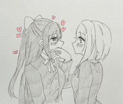  2girls bob_cut bow collared_shirt commentary_request ei_(eis0612) eye_contact graphite_(medium) greyscale hair_bow half_updo heart highres inverted_bob jacket kiss kissing_hand long_hair long_sleeves looking_at_another love_live! love_live!_nijigasaki_high_school_idol_club monochrome multiple_girls nakasu_kasumi neck_ribbon nijigasaki_school_uniform osaka_shizuku pen_(medium) ponytail ribbon school_uniform shirt short_hair simple_background spot_color traditional_media white_background wide-eyed winter_uniform yuri 