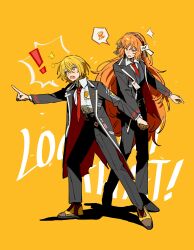  ! +_+ 2girls badge black_coat black_jacket black_pants black_shoes black_vest blonde_hair bow bow_hairband brown_shoes button_badge chinese_commentary coat collared_shirt commentary_request don_quixote_(project_moon) double-parted_bangs english_text fang freckles full_body grabbing_another's_hand hair_between_eyes hairband highres id_card ishmael_(project_moon) jacket lapels leaning_to_the_side limbus_company long_hair long_sleeves looking_ahead looking_to_the_side multiple_girls necktie notched_lapels open_clothes open_coat open_jacket open_mouth orange_hair outstretched_arm pants pointing project_moon red_necktie shirt shoes short_hair shouting sidelocks sparkle spoken_exclamation_mark spoken_squiggle squiggle standing sweatdrop uzr_akira very_long_hair vest wavy_hair white_bow white_shirt yellow_background yellow_eyes 