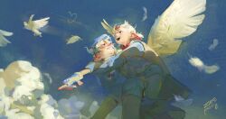  2girls angel_wings artist_name beret bird blue_gloves blue_hat blue_skirt bow bowtie braid bulletproof_vest carrying commentary fingerless_gloves gloves hat highres kanna_(love-bullet) knee_pads koharu_(love-bullet) load_bearing_vest love-bullet multicolored_hair multiple_girls open_mouth piggyback pointing red_bow red_bowtie red_eyes red_hair shirt short_twintails skirt sky smile streaked_hair twintails untranslatable_commentary white_hair white_shirt wings zafopot0 